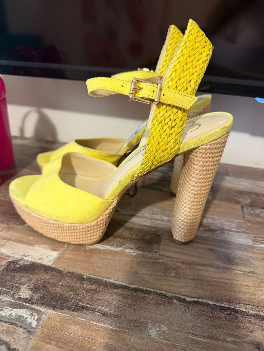 Jessica Simpson Yellow Woven Platform Block Heels
